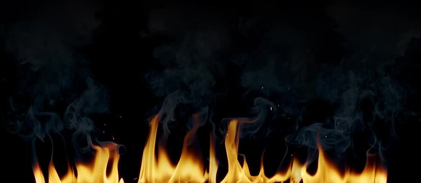 Super slow motion shot of real fire flames, fiery explosion, smoke and sparks isolated on black background. Filmed on high speed cinema camera.