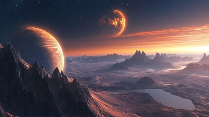 A distant planet landscape with mountains and two planets in the sky at dusk or dawn scene