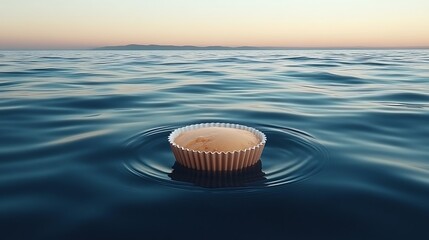 A cupcake floating peacefully on the ocean water at dusk