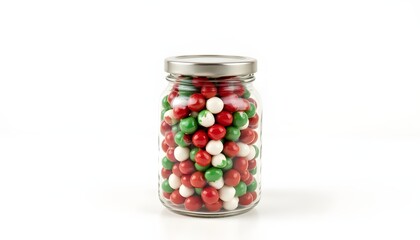 Clear Glass Jar Overflowing with Colorful Red, Green, and White Balls