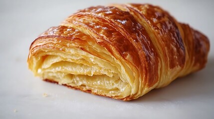 Freshly baked golden croissant with crisp, flaky layers and soft buttery texture resting on a clean white background.