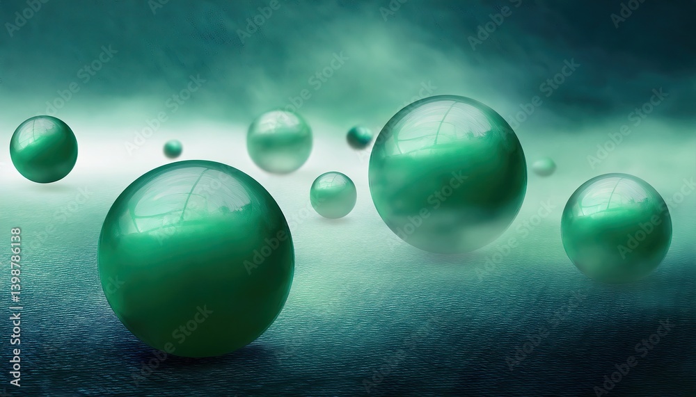 Poster Jade spheres float gently in mystical green fog, creating a serene and captivating atmosphere