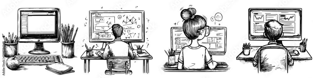 Poster people working at computers in various tasks focused on digital projects in an office setting during