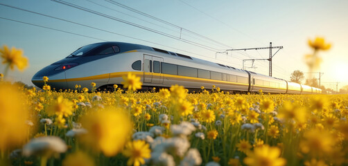 High-speed train travels through field of blooming yellow rapeseed flowers. Modern passenger bullet train, high speed rail transport at sunrise. Railway transportation, spring landscape.