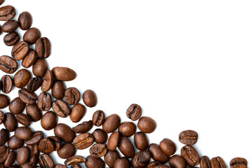 Roasted coffee beans scattered diagonally in the corner on a white background, ideal for minimalist designs, ads, or text overlays.