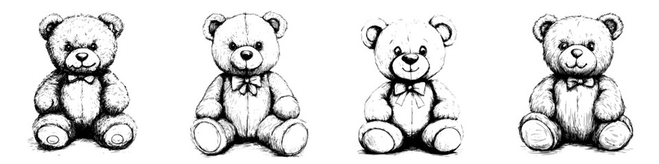 Obraz premium Collection of four hand-drawn teddy bears showcasing different expressions and designs on a white background