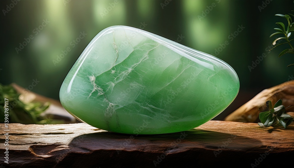 Poster Jade stone resting on a natural surface in diffused light captured within a serene forest setting