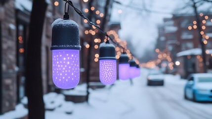 Glowing purple lights illuminate a snowy winter street scene