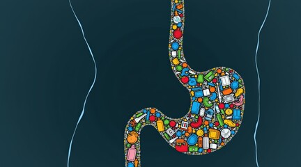 Image of a human stomach silhouette filled with microplastics, highlighting environmental pollution and health concerns.