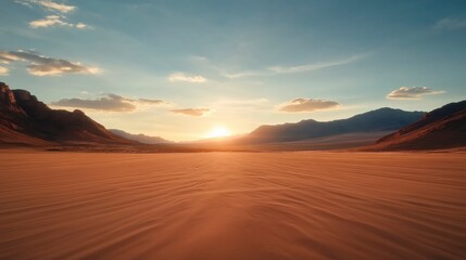 Naklejka premium Golden horizons stretch across the desert as the sun sets behind distant mountains illuminating the tranquil landscape Generative AI