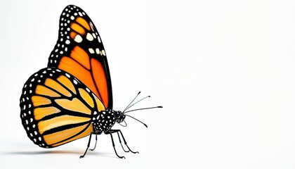 Fototapeta premium Monarch butterfly isolated on white background. Orange, black wing pattern. Side view of Danaus plexippus. Nature, wildlife, insect, spring, summer concepts. Pollination, garden or backyard theme.