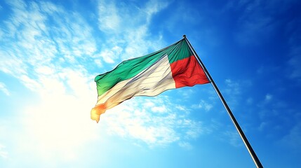 The national flag of the sultanate of oman waving proudly in a clear blue sky.