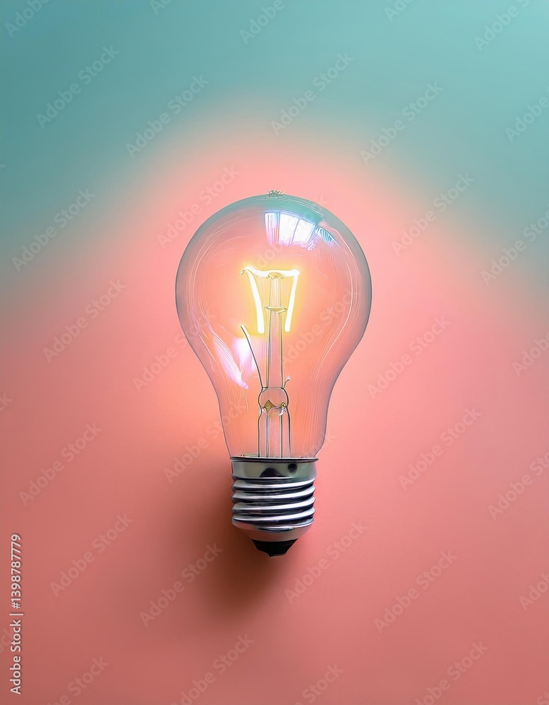 Poster minimalist light bulb glowing softly in a pastel room, infusing warmth with its gentle illumination