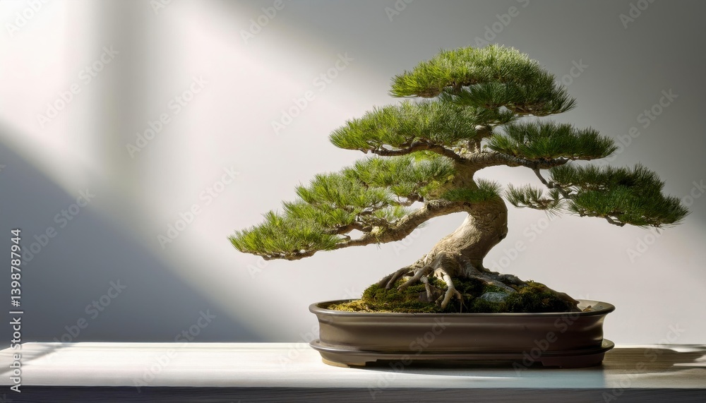 Aufkleber Solitary Bonsai Tree Gracefully Illuminated in a Minimalist Setting With Subtle Shadows