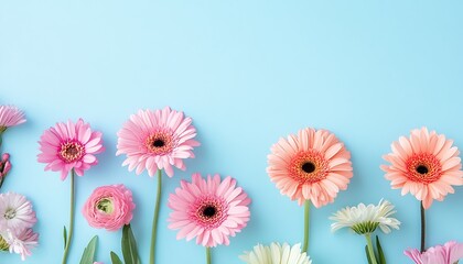 A flat lay vibrant spring flowers set against a pastel blue background, illustrating the freshness and beauty the season.
