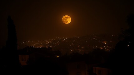 A hazy orange moon illuminates a city nestled in hills at night.
