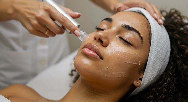Woman receiving facial micro needling treatment at spa for skin rejuvenation. Skin care procedure with rejuvenating therapy for youthful look and wellness concept