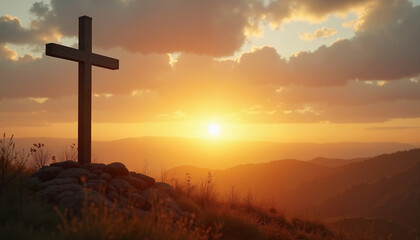 Cross silhouette against a sunset landscape  