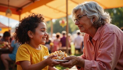 Smiling young girl receiving a bowl of popcorn from a joyful elderly woman in a vibrant outdoor setting, creating a warm atmosphere, concept of family gatherings or food festivals
