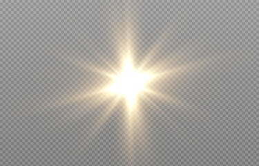 Vector light on isolated transparent background. Sun, rays of light png. Magic glow, golden light png.
