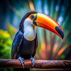 Fototapeta premium Majestic Toucan Perched on Branch with Vibrant Plumage and Bold Tropical Ambiance.