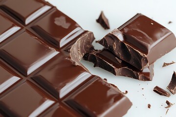 Rich, glossy milk chocolate bars slightly broken apart, showing intricate textures with smooth reflections on white.