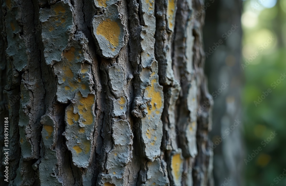 Poster Close-up shot of tree bark showing rough textured surface. Natural pattern with gray and yellow lichen. Old trunk, macro shot of bark texture, natural background.