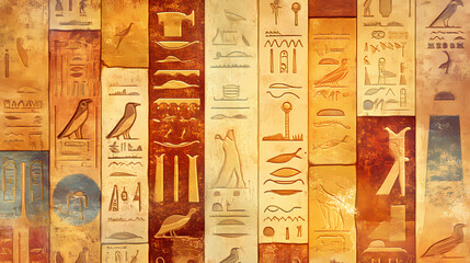 Mystical egyptian hieroglyphs: ancient symbols, intricate script, sandstone, gold, pharaohs. Transcendent Script. Illustration