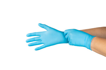 Medical nitrile gloves isolated on white background. Surgical latex gloves. Rubber gloves production. Doctor or nurse putting on protective gloves. Medicine concept. Sterility, protection.