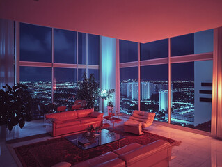 A high definition image of 1980’s interior decor in a Miami high rise apartment at night with floor to ceiling windows show Miami far below lit up
