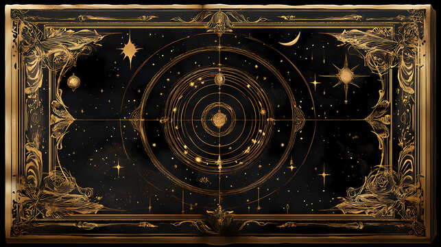 Mystical grimoire page with intricate golden patterns and celestial designs. celestial grimoire. illustration. Gilded Grimoire. Illustration