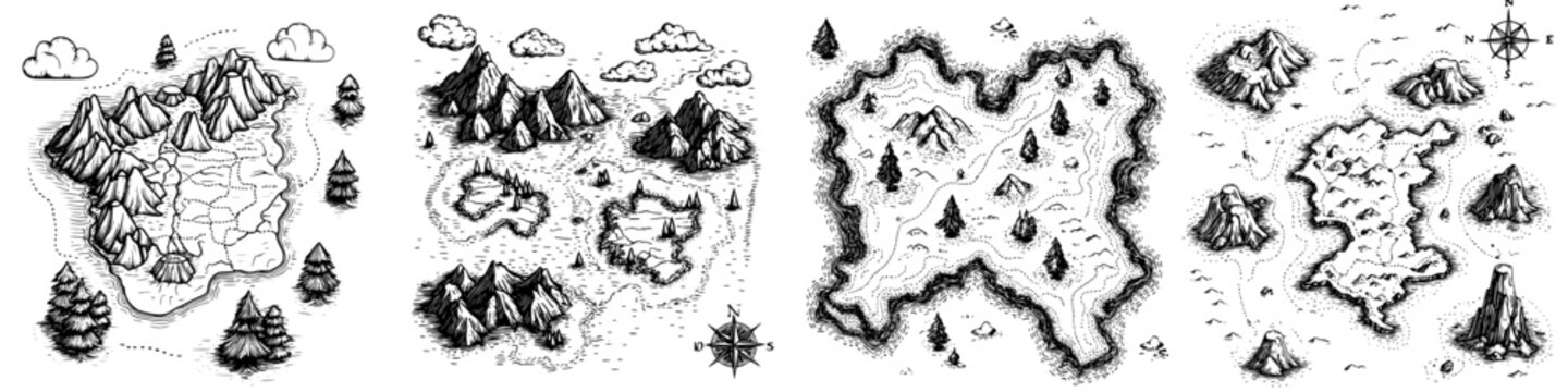 Intricate hand-drawn maps showcasing diverse landscapes and terrains with mountains, forests, and islands