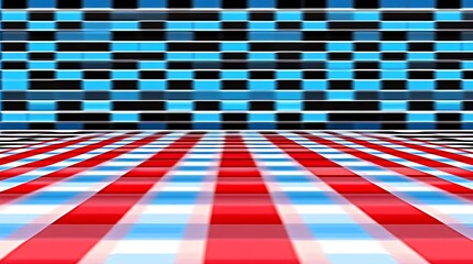 A checkered pattern of red, white, and blue squares, layered over a checkered pattern of black and light blue squares, creating a dynamic visual effect.