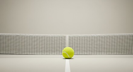 Still life of tennis ball resting on court near net symbolizes precision, fair play, match, activity, sport equipment for athletic club and competition game