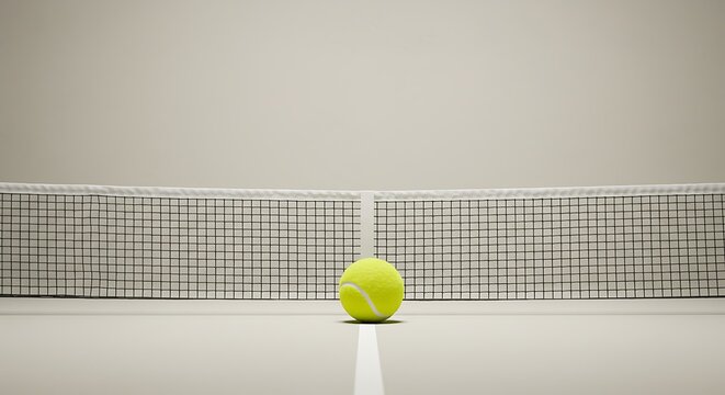 Still life of tennis ball resting on court near net symbolizes precision, fair play, match, activity, sport equipment for athletic club and competition game