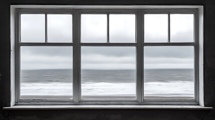 A view of a stormy sea through a vintage window.