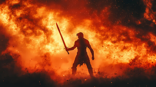 A silhouette of a warrior wielding a double-edged sword, standing tall against the backdrop of a fiery sky, his silhouette sharp and fierce. Supernova Sword. Illustration