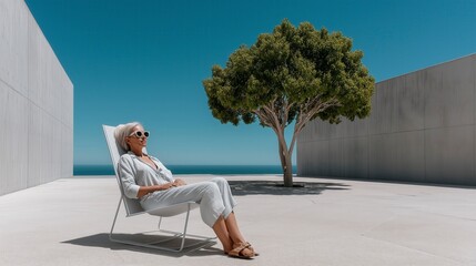 Relaxation in a modern oasis overlooking the ocean, showcasing serenity and style on a sunlit day in a minimalist space Generative AI