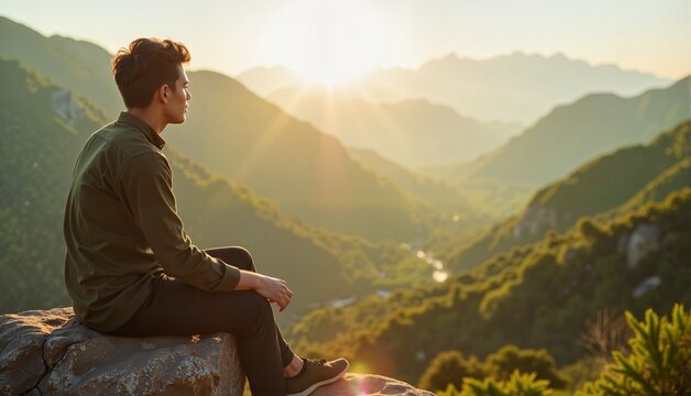 Thoughtful young man enjoying a sunset view over mountainous landscape, seated on a rock, nature's tranquility concept of wellness or travel agency