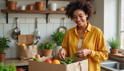 Smiling young woman enjoying fresh vegetables while unpacking a cardboard box in a bright kitchen setting with plants around, sustainable lifestyle concept of health food store or grocery delivery