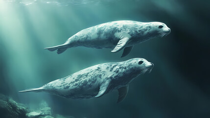 Fototapeta premium Aquatic mammals like seals and whales, isolated from background, focus on their graceful forms. Ethereal Seals. Illustration