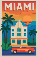 Colorful Miami art deco scene with classic car and palm trees at sunset