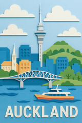 Naklejka premium Auckland cityscape illustration with skytower, harbour bridge, boat, and hills