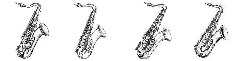 Obraz premium Collection of vintage saxophones displayed in a row during a music festival in the city park