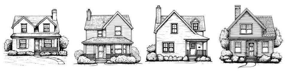 Collection of vintage house illustrations showcasing diverse architectural styles and designs in a quaint neighborhood setting
