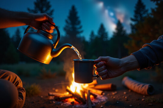 One Person Pouring Hot Water from a Kettle into Another Person's Mug by the Campfire During a Hike in a Forest at Night
