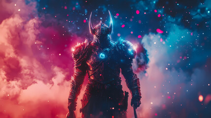 Naklejka premium Neon illuminated warrior in fantasy cosmic realm with archaic armor elements. Stellar Armor. Illustration