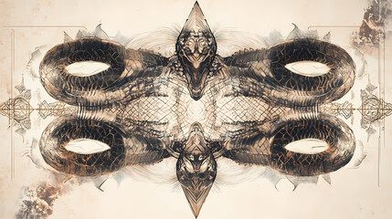 Artistic arrangement reptilian symbols intricate geometric patterns and enigmatic artifacts white backdrop creating captivating display rich mystery and symbolism. Enigmatic Scroll. Illustration