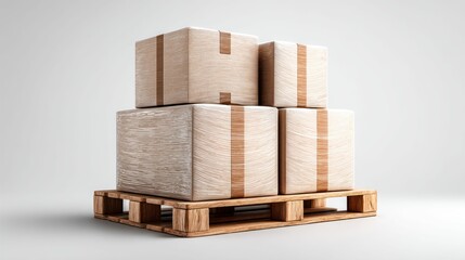 A neat stack of four cardboard boxes, strapped and ready for shipping on a wooden pallet, against a clean background.