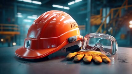 Safety gear displayed including a helmet, glasses, and work gloves, in a professional setting.